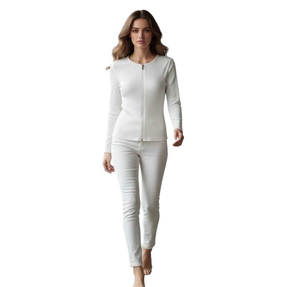 PrettyLittleThing White Ribbed Zip Up Fitted Long Sleeve Minimalist Top
 Size 2